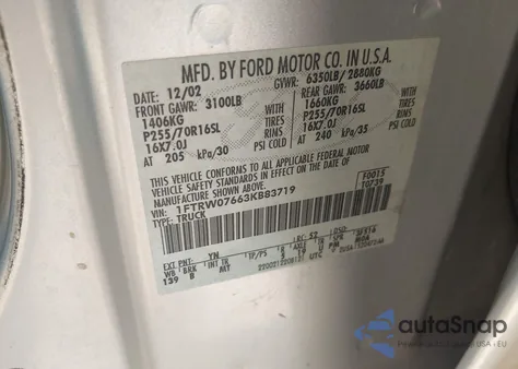 2003 Ford F-150 Lariat/Xlt from USA, damaged, VIN 1FTRW07663KB83719